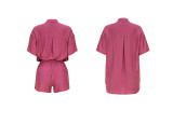 Rose Casual Solid Single-breasted Turndown Neck Shorts Set with Pocket
