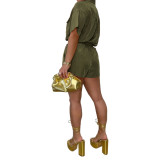 Army Green Casual Solid Single-breasted Turndown Neck Shorts Set with Pocket