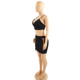 Black Solid Color Hollow Sleeveless Eyelet Lace-up Skirt Set