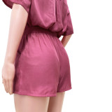 Rose Casual Solid Single-breasted Turndown Neck Shorts Set with Pocket