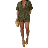 Army Green Casual Solid Single-breasted Turndown Neck Shorts Set with Pocket