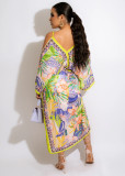 Summer Boho Printed Straps Cold Shoulder Slit Beach Maxi Dress