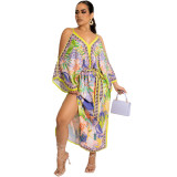 Summer Boho Printed Straps Cold Shoulder Slit Beach Maxi Dress