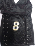 Black Solid Color Printed Straps Crop Top Hollow Eyelet Lace-up Skirt Set