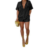 Black Casual Solid Single-breasted Turndown Neck Shorts Set with Pocket