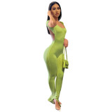 Light Olive Green Sexy Solid Color Backless Slit Flare Jumpsuit