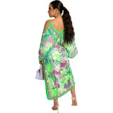 Summer Boho Printed Straps Cold Shoulder Slit Beach Maxi Dress