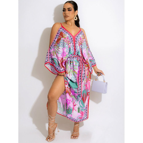 Summer Boho Printed Straps Cold Shoulder Slit Beach Maxi Dress
