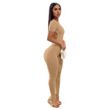 Khaki Sexy Solid Color Backless Slit Flare Jumpsuit