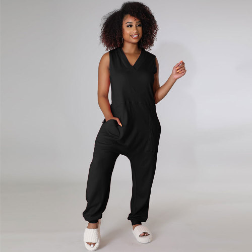 Black Women's Apparel Sleeveless V Neck Loose One Piece Jumpsuit with Pockets