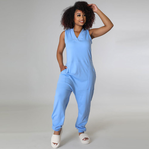 Blue Women's Apparel Sleeveless V Neck Loose One Piece Jumpsuit with Pockets
