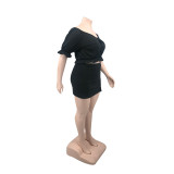 Black Plus Size Sexy Off Shoulder Mini Skirt Two Piece Sets