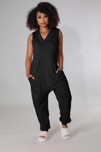 Black Women's Apparel Sleeveless V Neck Loose One Piece Jumpsuit with Pockets