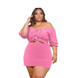 Pink Plus Size Sexy Off Shoulder Mini Skirt Two Piece Sets