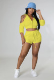 Yellow 2 Piece Cut Out Cold Shoulder Top and Shorts Tracksuit