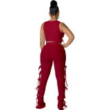 Wine Red Solid Pit Sleeveless Lace-Up Hollow Out 2 Piece Pants Set
