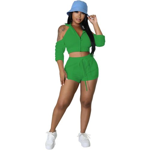 Green 2 Piece Cut Out Cold Shoulder Top and Shorts Tracksuit