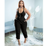 Black Casual V Neck Printed Straps Pocketed Onesie Jumpsuits with Back Zipper