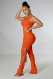 Orange Solid Pit Sleeveless Lace-Up Hollow Out 2 Piece Pants Set