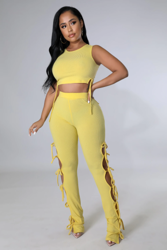 Yellow Solid Pit Sleeveless Lace-Up Hollow Out 2 Piece Pants Set