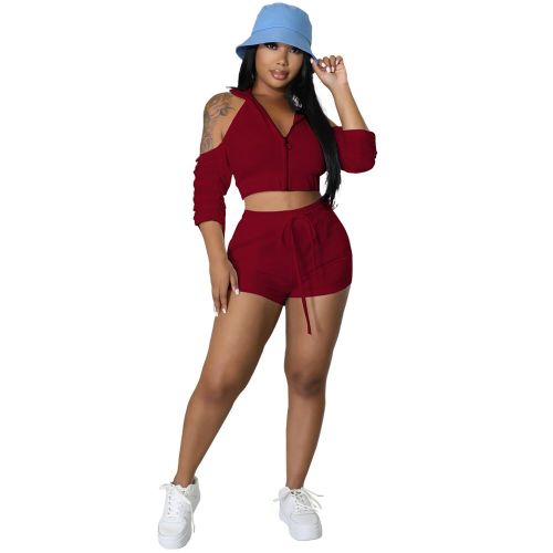 Wine Red 2 Piece Cut Out Cold Shoulder Top and Shorts Tracksuit