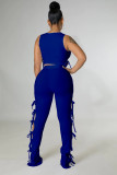 Royal Blue Solid Pit Sleeveless Lace-Up Hollow Out 2 Piece Pants Set