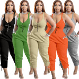 Grey Casual V Neck Printed Straps Pocketed Onesie Jumpsuits with Back Zipper