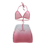 Pink Sexy Gradient Bikini Set Halter Three Piece Swimsuit Set