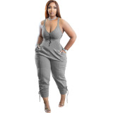 Grey Casual V Neck Printed Straps Pocketed Onesie Jumpsuits with Back Zipper