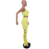 Yellow Solid Pit Sleeveless Lace-Up Hollow Out 2 Piece Pants Set