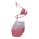 Pink Sexy Gradient Bikini Set Halter Three Piece Swimsuit Set