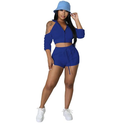 Blue 2 Piece Cut Out Cold Shoulder Top and Shorts Tracksuit