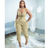 Apricot Casual V Neck Printed Straps Pocketed Onesie Jumpsuits with Back Zipper