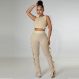 Khaki Solid Pit Sleeveless Lace-Up Hollow Out 2 Piece Pants Set