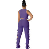 Pale Purple Solid Pit Sleeveless Lace-Up Hollow Out 2 Piece Pants Set