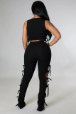 Black Solid Pit Sleeveless Lace-Up Hollow Out 2 Piece Pants Set