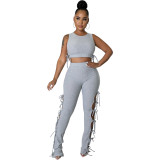Grey Solid Pit Sleeveless Lace-Up Hollow Out 2 Piece Pants Set