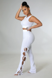 White Solid Pit Sleeveless Lace-Up Hollow Out 2 Piece Pants Set