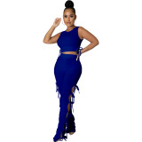 Royal Blue Solid Pit Sleeveless Lace-Up Hollow Out 2 Piece Pants Set