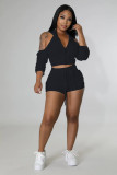 Black 2 Piece Cut Out Cold Shoulder Top and Shorts Tracksuit