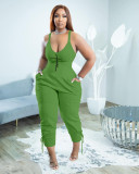 Fruit Green Casual V Neck Printed Straps Pocketed Onesie Jumpsuits with Back Zipper
