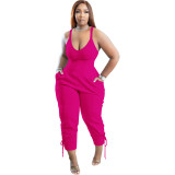 Rose Casual Solid Split Joint Spaghetti Strap Sleeveless Jumpsuits with Back Zipper