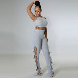 Grey Solid Pit Sleeveless Lace-Up Hollow Out 2 Piece Pants Set