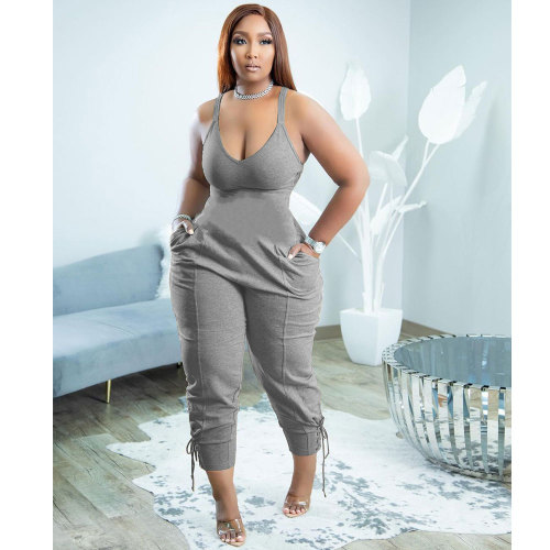 Grey Casual Solid Split Joint Spaghetti Strap Sleeveless Jumpsuits with Back Zipper