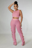 Pink Solid Pit Sleeveless Lace-Up Hollow Out 2 Piece Pants Set