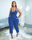 Blue Casual Solid Split Joint Spaghetti Strap Sleeveless Jumpsuits with Back Zipper