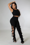 Black Solid Pit Sleeveless Lace-Up Hollow Out 2 Piece Pants Set
