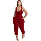 Wine Red Casual Solid Split Joint Spaghetti Strap Sleeveless Jumpsuits with Back Zipper