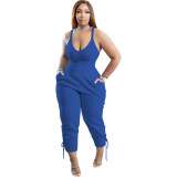 Blue Casual Solid Split Joint Spaghetti Strap Sleeveless Jumpsuits with Back Zipper