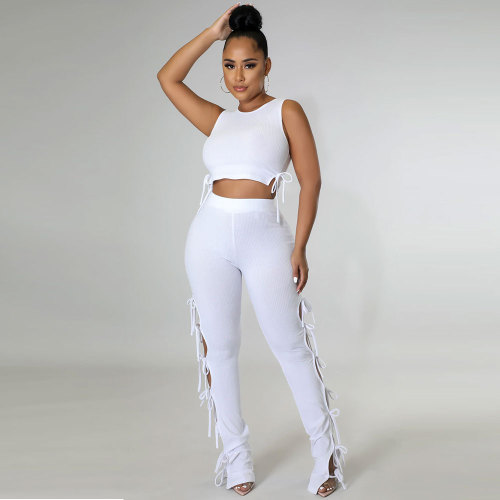 White Solid Pit Sleeveless Lace-Up Hollow Out 2 Piece Pants Set